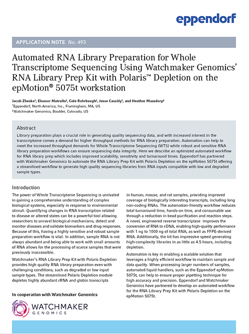 Read the application note Automated RNA library preparation for whole transcriptome sequencing using Watchmaker Genomics&rsquo; RNA Library Prep Kit with Polaris Depletion on the epMotion 5075t workstation