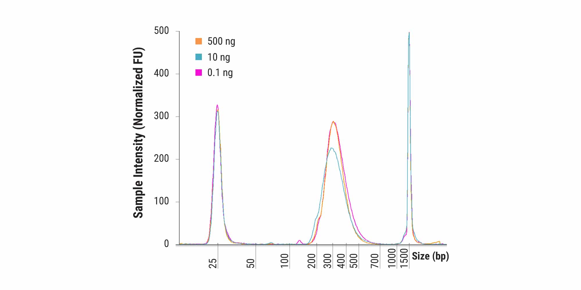 Consistent fragmentation across a 5,000-fold range of DNA input amounts. Libraries were constructed in duplicate from 500, 10, and 0.1 ng of human genomic DNA fragmented for 20 minutes at 30℃. Final library distributions were assessed using a D1000 assay by TapeStation (Agilent).